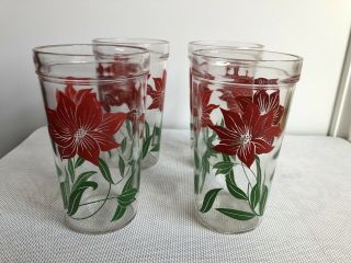 Vintage Anchor Hocking Jelly Jar Tumblers Glasses - Set Of 4 - Red Flowers - 6 "