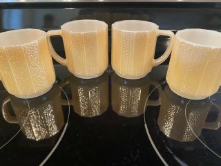 4 Vtg Federal Glass 12 - Sided Iridescent Peach Luster Ware Coffee Mugs Milkglass