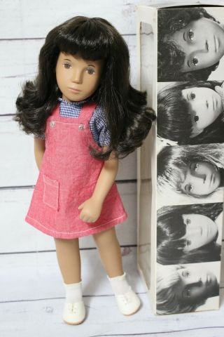 16 " Vintage Sasha Doll 111 Brunette,  Red Pinafore,  England.
