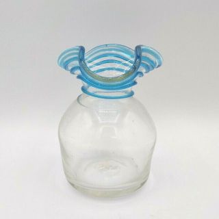 Vintage Studio Art Glass Clear Blue Applied Spiral Glass Design Ruffled Vase
