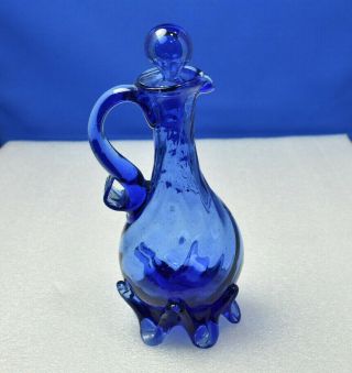 Cobalt Blue Art Glass Hand Blown Swirl Skirted Cruet With Stopper