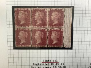 Gb One Penny Red,  Plate 111,  Block Of 6 With Marginal Selvedge