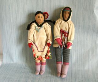 Vintage Hand Made Cloth Canadian Indian/eskimo Dolls Family Of 3