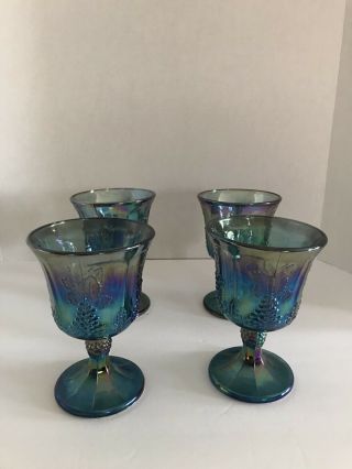 Indiana Indescent Blue Carnival Glass Set Of 4 Harvest Grape 5.  5 Water Goblets