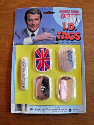 Vintage 1984 James Bond 007 I.  D.  Tags Imperial Toy Corp.  Roger Moore