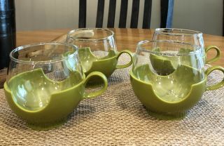 Vintage Set Of 4 Pyrex Avocado Green Plastic And Glass Coffee Cups