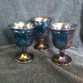 Set Of 3 - Indiana? Glass Blue Carnival Iridescent Goblets,  Harvest Grape,  E