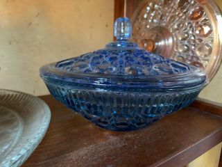 Indiana Federal Glass Covered Bowl Candy Dish Windsor Button & Cane Ice Blue