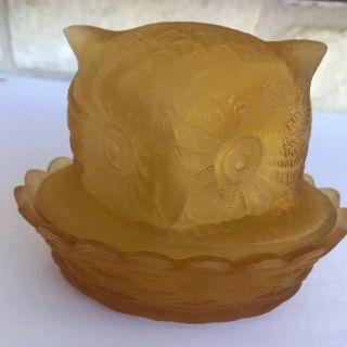 Vintage L.  G.  Wright Lidded Amber Owl On A Nest Satin Glass Trinket Dish A1