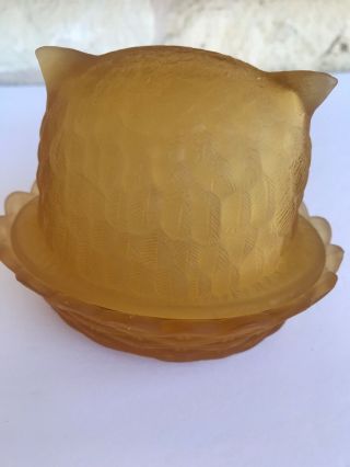 Vintage L.  G.  Wright Lidded Amber Owl On A Nest Satin Glass Trinket Dish A1 2