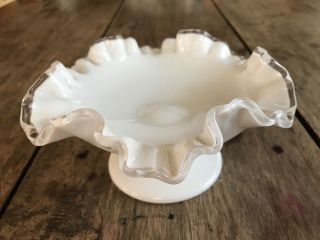 Vintage Fenton Silver Crest Milk Glass Pedestal Dish With Clear Lace Edge Trim