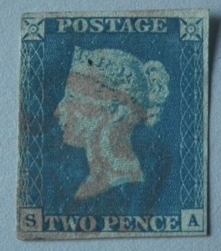 Gb Qv Stamp - 1840 - 2d Blue - Just 4 Margin - Imperf - Letters - S A