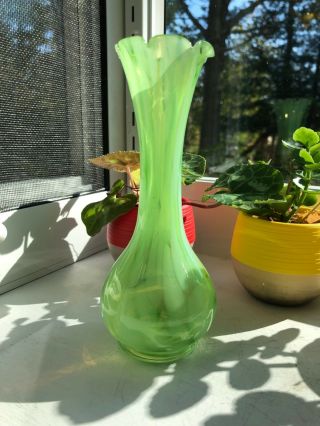 Vintage Victorian Hand Blown Green & White Splatter Glass Bud Vase Scalloped Top