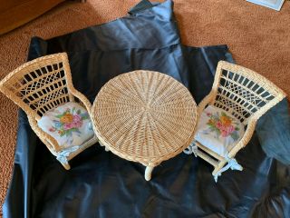 American Girl Pleasant Company Samantha Wicker Table & Chairs Set W/ Cushions