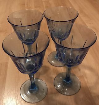 Vintage Blue Cut Crystal Wine Goblets Set Of 4 Glasses No Chips