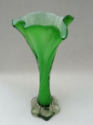 Green & White Italian Murano Cased Glass Vintage Vase Twisted Ruffle Edge