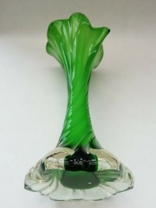 Green & White Italian Murano Cased Glass Vintage Vase Twisted Ruffle Edge 2