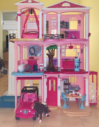 Mattel Barbie 3 Story Pink Furnished Dream House Townhouse W/ 17 Barbies & Horse