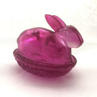 Vintage Pink Cranberry Glass Bunny Rabbit On Basket Lidded Dish Candy Trinket