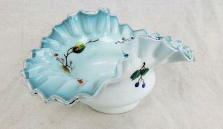 Vintage Fenton Glass Ruffle Candy Dish Bowl Hand Painted Leaves Hand Made Pontil