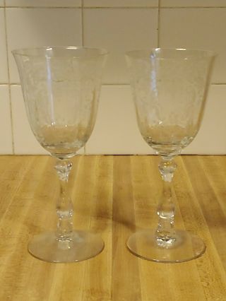 2 Fostoria Meadow Rose Etched Water Goblets Stems Glasses 7 5/8 "
