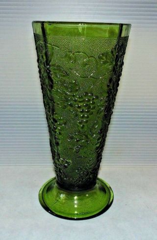 Mid Century Vintage Anchor Hocking Avocado Green Embossed Grapes Flower Vase 9.  5