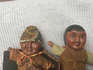 2 Antique Alaskan Eskimo Inuit Doll Wood Face Estate Found
