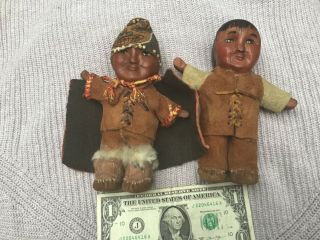 2 ANTIQUE Alaskan Eskimo Inuit DOLL WOOD face Estate Found 3