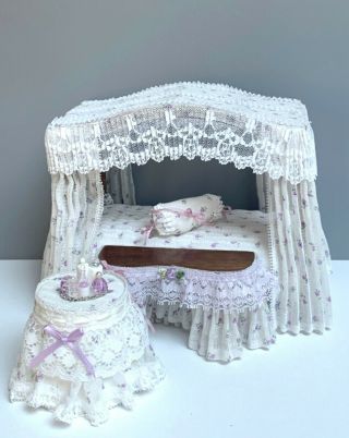 1:12 Vtg Dollhouse Miniature Victorian Bedroom Furniture Canopy Bed Handcrafted