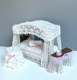 1:12 VTG DOLLHOUSE MINIATURE VICTORIAN BEDROOM FURNITURE CANOPY BED HANDCRAFTED 2