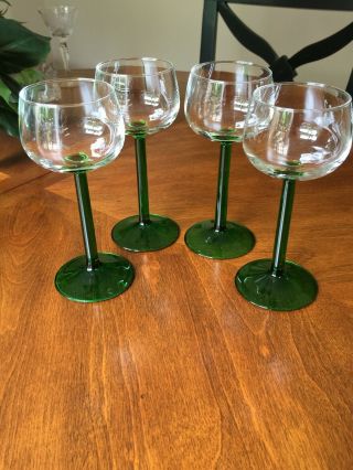 Four (4) Vintage Jg Durand Luminarc Green Stem Cordials / Wine Glasses France
