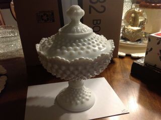 Vintage Fenton Hobnail White Milk Glass Compote Pedestal Candy Dish & Crown Lid