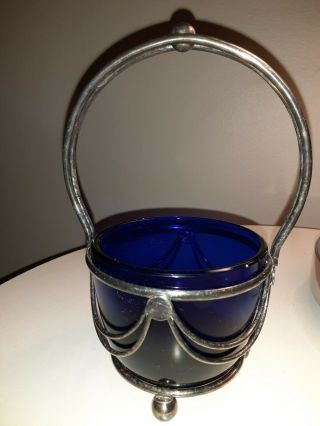 Cobalt Blue Glass Candy Dish With Silver 6 " Sugar Bowl Flower Pot