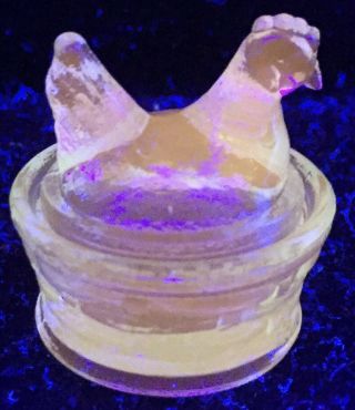 Aqua Blue Vaseline Glass Salt Cellar Hen Chicken On Nest Basket Dish Uranium Set