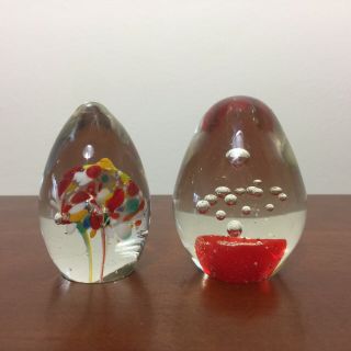 2 X Hand Blown Art Glass Egg Shaped Paperweights - Flower Controlled Bubbles