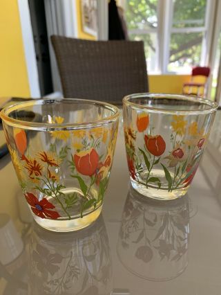 Vintage Hazel Atlas 1/2 Pint Sour Cream Glasses Orange And Gold Flowers