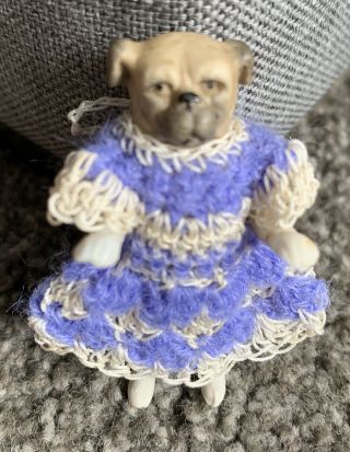Bisque Hertwig Carl Horn Miniature Jtd 2” Tiny Pug Dog Adorable Periwinkle Dress