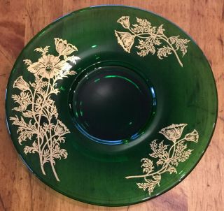 Vintage Emerald Green Glass Dish Plate 7” Gold Floral Design Euc