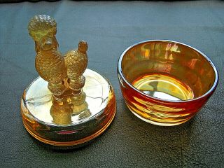 Vintage Marigold Carnival Glass Poodle Dog Covered Powder Jar Candy Dish
