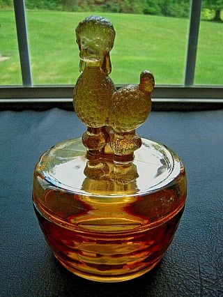 Vintage Marigold Carnival Glass Poodle Dog Covered Powder Jar Candy Dish 2