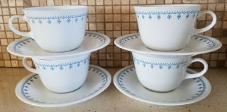 4 Vintage Corelle Livingware Blue Garland Snowflake Coffee Cups And Saucers