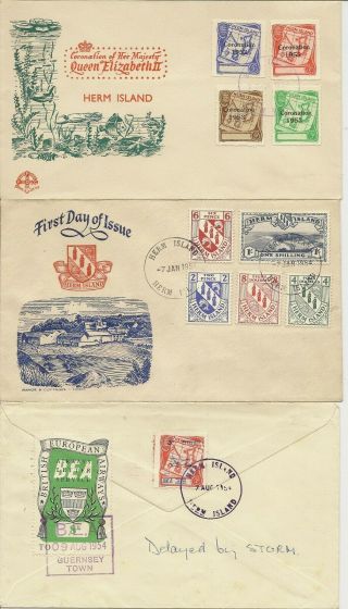 Great Britain Herm Islands 1953 - 66 Fdcs (13) Bea Flight Delayed By Storm
