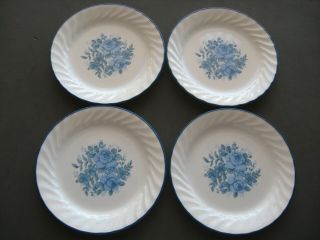 Set Of 4 Corelle Blue Velvet Salad Plates 7`` Swirl Rim Blue Roses Corning