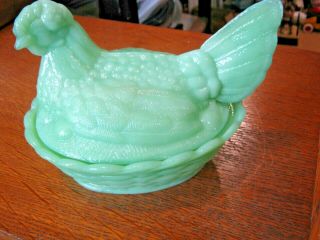 Jadeite Green Glass Hen On Nest Covered Dish Split Tail Basket Weave Base 6 " L
