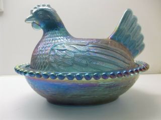 Vintage Indiana Glass Blue Iridescent Hen On Nest Covered Candy / Trinket Dish