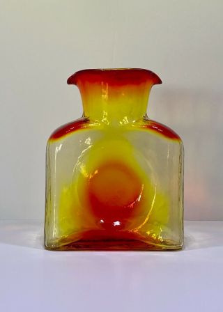 Vintage Blenko Art Glass Double Spout Amberina Red And Yellow Pitcher Carafe