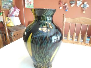 Large 12 " White Cristal Hand Made In Italy Glass Vase.  Black/green/gold & Yellow
