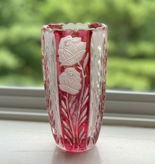Anna Hutte Bleikristall Lead Crystal Vintage Vase Roses Ruby Red Germany