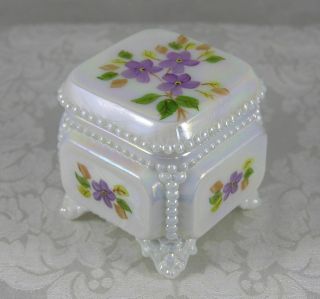 Westmoreland Glass Mother - Of Pearl Victorian Trinket Box W Hand Painted Violets