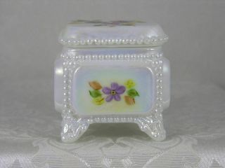 Westmoreland Glass Mother - of Pearl Victorian Trinket Box w hand painted violets 3